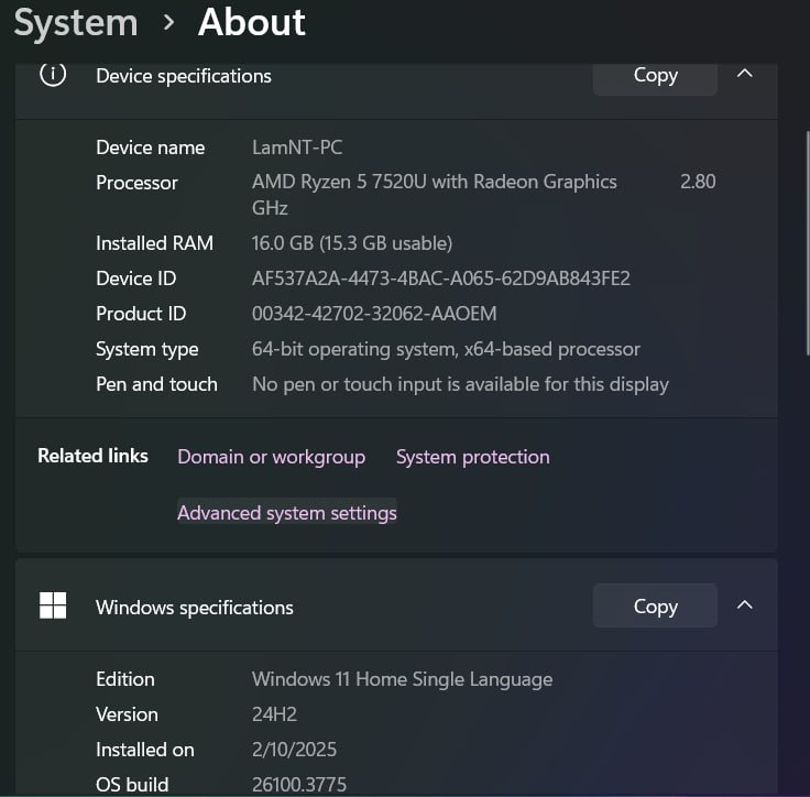 Chọn mục Advance System settings